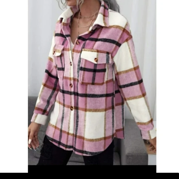 Pink Multicolor Plaid Button Front Coat - Picture 3 of 6